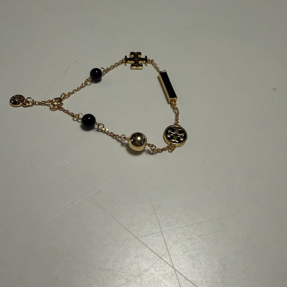 Tory Burch Gold Chain Bracelet with Black Beads and Logo Discs